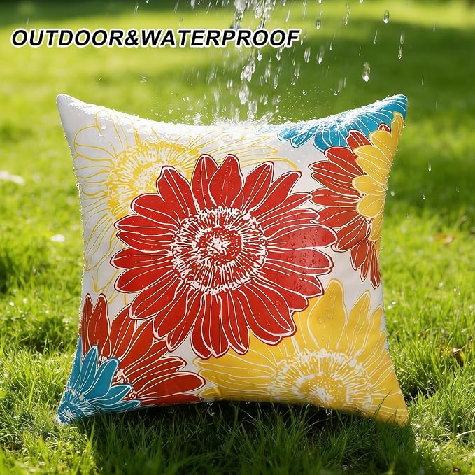 Outdoor Pillow Covers Waterproof Summer Throw Pillow Covers Red Orange Sunflower Decorative Floral Square Farmhouse Cushion Throw Pillowcase 16x16 Set of 2 for Living Room Sofa Patio Furniture Garden