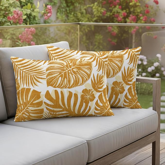 Vintage Yellow Palm Leaves Outdoor Pillow Covers 20"x12" Set of 2, Tropical Botanical Minimalist Modern Waterproof Throw Pillow Covers for Patio Furniture, Decorative Cushion Covers for Porch