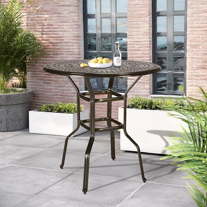 Outdoor Cast Aluminum Bar Table, 38.5" Patio Bar Height Table with 2" Umbrella Hole, All Weather High Top Bistro Round Dining Table for Outside Deck Porch Balcony Poolside, Dark Bronze