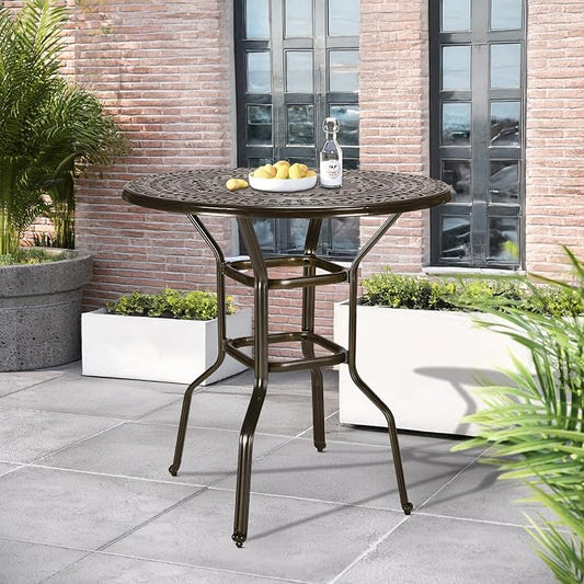 Outdoor Cast Aluminum Bar Table, 38.5" Patio Bar Height Table with 2" Umbrella Hole, All Weather High Top Bistro Round Dining Table for Outside Deck Porch Balcony Poolside, Dark Bronze