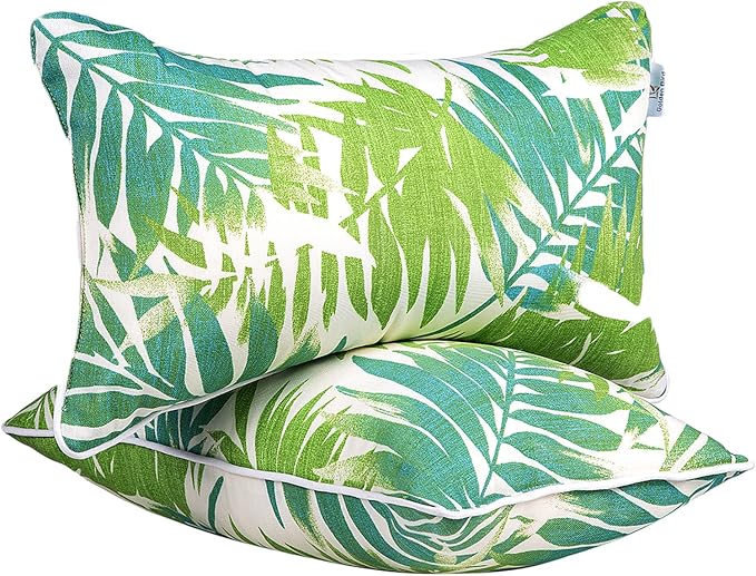JMGBird Green Outdoor Pillows Waterproof Pillow Covers with Inserts | 12x20 Outdoor Throw Pillows for Patio Furniture, White Green Palm Leaf Decorative Cushions