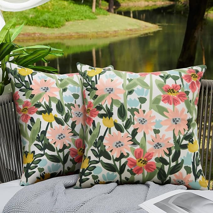 Pyonic Outdoor Pillows Covers Pack of 2 Spring Floral Waterproof Throw Pillow Covers 16X16 inch Outdoor Pillows for Patio Furniture Garden Square Outside Waterproof Pillow