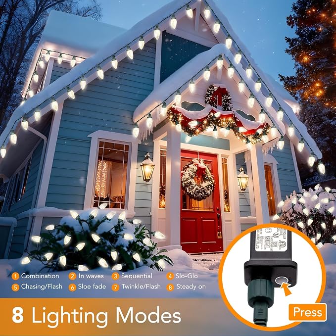 C9 LED Christmas Lights Outdoor,33 Feet 50 LED 8 Lighting Modes Waterproof Connectable Christmas String Lights for Outside Roofline Patio Home Xmas Decorations (Warm White)