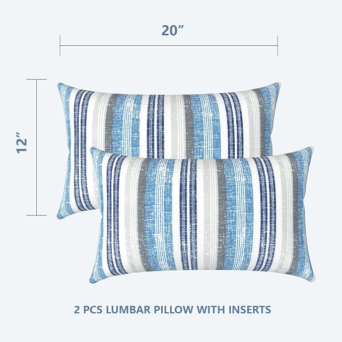 LVTXIII Outdoor/Indoor Lumbar Pillows, Decorative Patio Lumbar Cushions, Fluffy Fade Resistant Throw Pillow Cushions for Home Patio Coach Sofa, 12×20 Inch, Pack of 2, Stripe Layered Blue