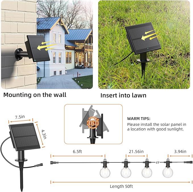 Kawaya G40 Outdoor String Lights Solar 50FT IP65 2700K LED Patio Light | IP65 Shatterproof Hanging Edison Blubs,2700K Warm White for Garden Porch Fence Camping Party Backyard Deck Bistro Balcony