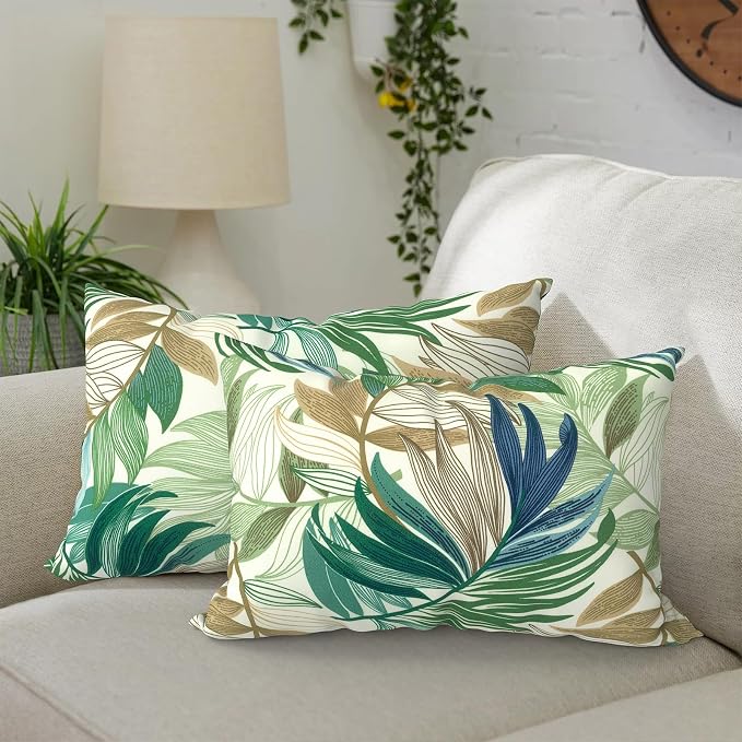 DYTXIII Pack of 2 Outdoor Waterproof Lumbar Pillow Covers ONLY, 12x20 Rectangle Decorative Double Printed Pillow Cases for Patio Couch Porch Furniture - Lush Leaf Green