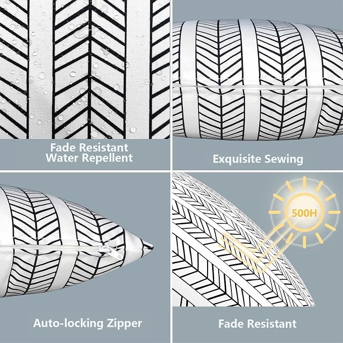 LVTXIII Outdoor Pillow Covers 12” x 20” Patio Lumbar Pillwo Cases Decorative Throw Pillowcase Shell for Couch Garden Furniture Use, Herringbone Black White, 2 Pack