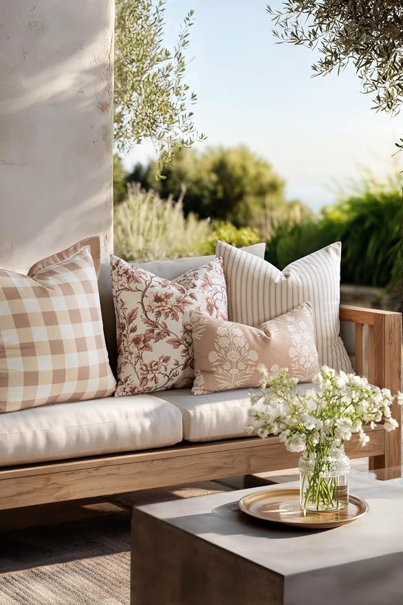 Modern Farmhouse California Casual Indoor Outdoor Lumbar Pillow Cover, 12"x20" Water Repellent for Patio, Backyard, Couch, Poolside, Ivory Cream Tan Print Floral