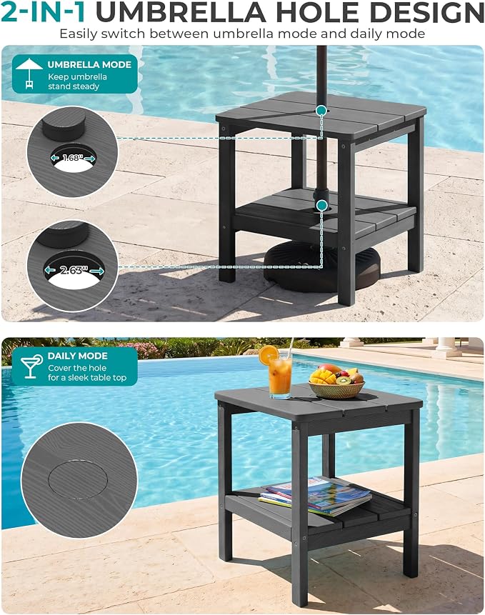 SERWALL 2-Tier HDPE Outdoor Side Table with Umbrella Hole, Weatherproof Rectangular Adirondack Side Table, Gray
