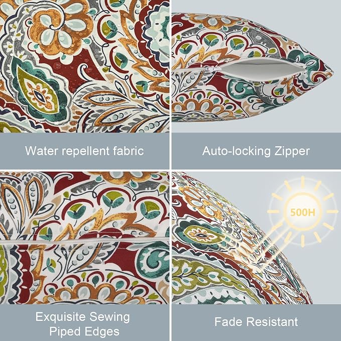 LVTXIII Outdoor/Indoor Lumbar Pillow Covers ONLY, Decorative Patio Lumbar Cushion Covers,Water Repellent Garden Cushion Cases for Home Patio Sofa Use, 12x20 inch, Pack of 2, Paisley Chilli