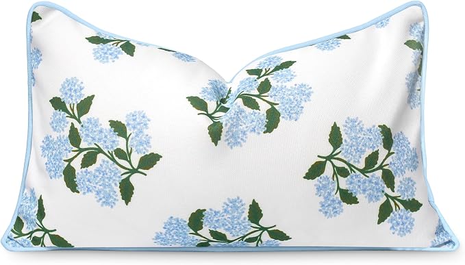 Hofdeco Premium Coastal Patio Indoor Outdoor Lumbar Pillow Cover Only, 12"x20" Water Repellent for Backyard, Couch, Baby Blue Print Hydrangea Flower