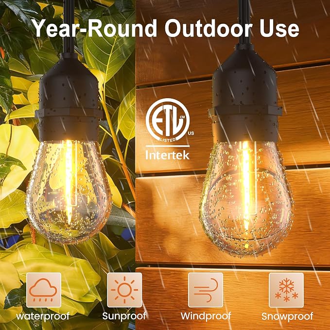 Outdoor String Lights 50FT 34 Bulbs(1.5 FT Apart) Remote lighting for Patio | Waterproof IP65 Connectable Outside Lights with Remote Timer&3 Modes for Commercial Backyard Bistro Garden Market Porch Yard