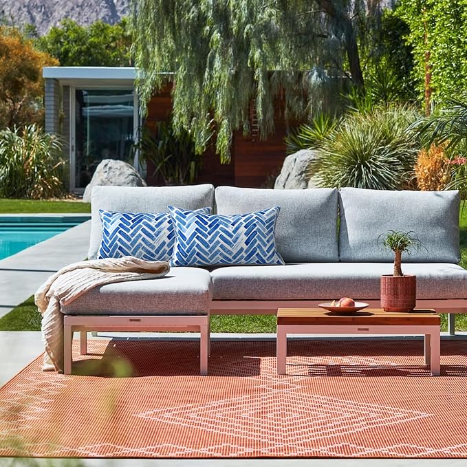 LVTXIII Set of 2 Outdoor Lumbar Pillows for Patio Furniture with White Piping, 12"x20" Fade Resistant Patio Lumbar Pillows with Inserts for Home Coach Sofa Use, Blue Bricks