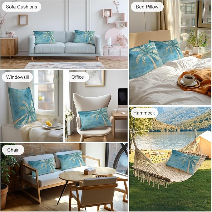 Coastal Beach Tree Teal Blue Outdoor Waterproof Pillow Covers, Vintage Summer Palm Tropical Botanical Decorative Rectangle Throw Pillowcase Sofa Cushion Sham for Patio/Couch/Chair, 20"x12" 2 Pack