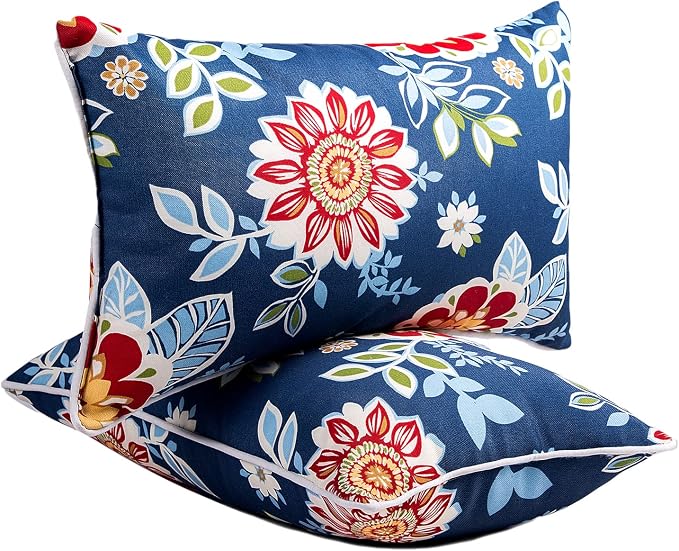 JMGBird Outdoor Accent Pillows 12x20 Outdoor Pillows Inserts includ | Water-Resistant Outdoor Pillows Durable Red Flowers Blue Background Throw Pillows with Inserts for Patio Furniture