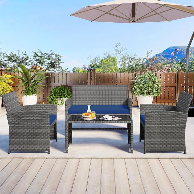 HAPPYGRILL 4 Piece Rattan Wicker Patio Conversation Set, Outdoor Furniture with Chair Loveseat Table & Cushion, for Backyard Porch Balcony (1, Navy)