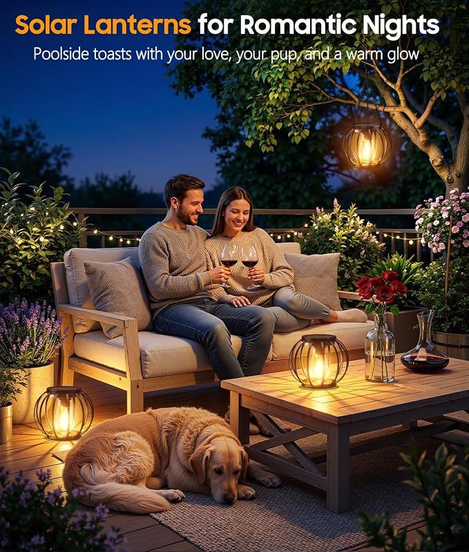 KOOPER Solar Lanterns Outdoor Waterproof, Upgraded Metal Hanging Solar Lights Outdoor Lanterns, Brighter Auto On/Off Outdoor Hanging Lantern for Yard Patio Pathway Porch Garden Decor 2 Pack