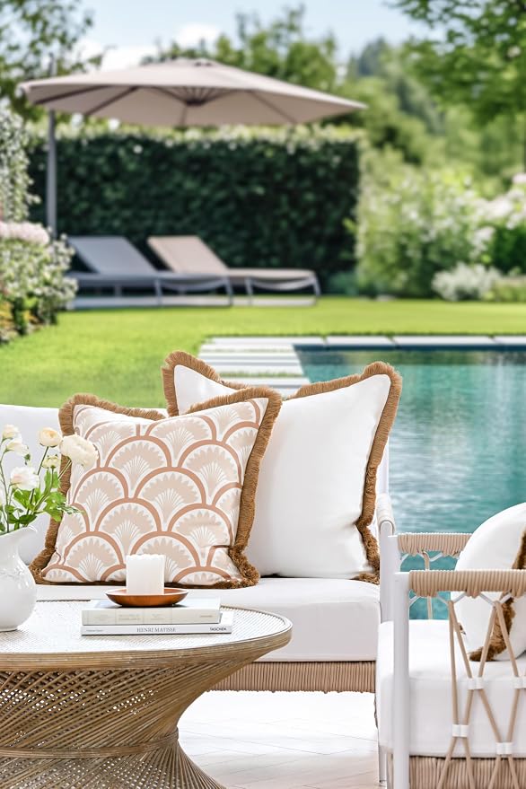 Hofdeco Premium Coastal Hampton Patio Indoor Outdoor Throw Pillow Cover Only, 22"x22" Water Repellent for Backyard, Couch, Poolside, White Neutral Tan Solid
