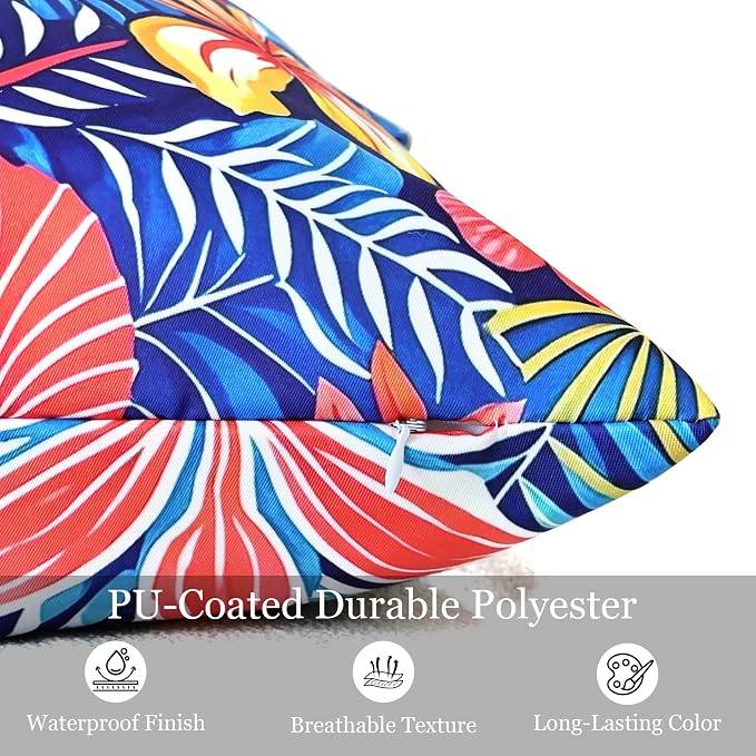 Outdoor Pillow Covers 20x20 Inch Set of 2, Tropical Floral Plants Modern Throw Pillows Cases, Spring Waterproof Square Garden Cushion Sham for Patio Funiture Tent Balcony Bench Sofa, Blue