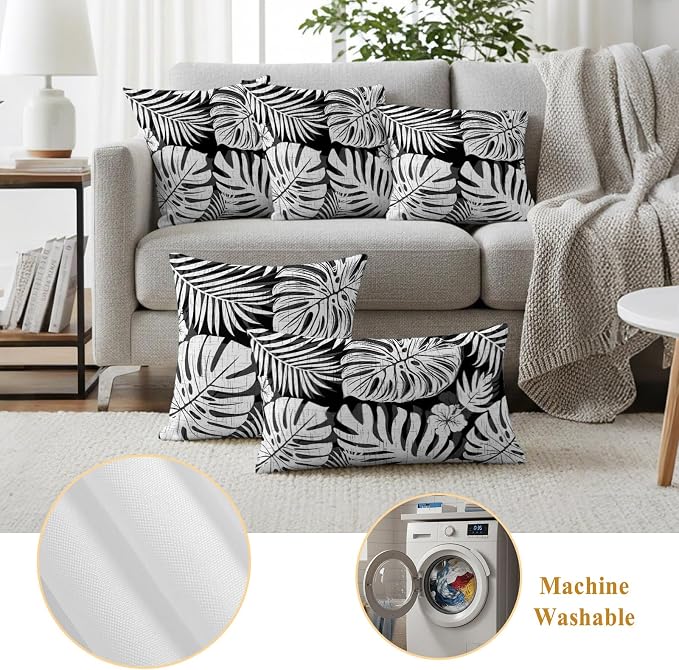 Black Palm Leaves Outdoor Pillow Covers 20"x12" Set of 2, Tropical Botanical Minimalist Modern Waterproof Throw Pillow Covers for Patio Furniture, Decorative Cushion Covers for Porch