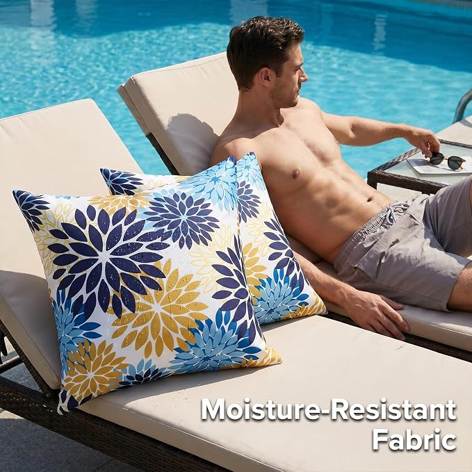 Set of 2 Dahlia Throw Pillow Covers Blue and Yellow Decorative Cushion Covers 16×16 Inches Outdoor Waterproof Pillowcases Blue and Yellow for Living Room Patio Garden