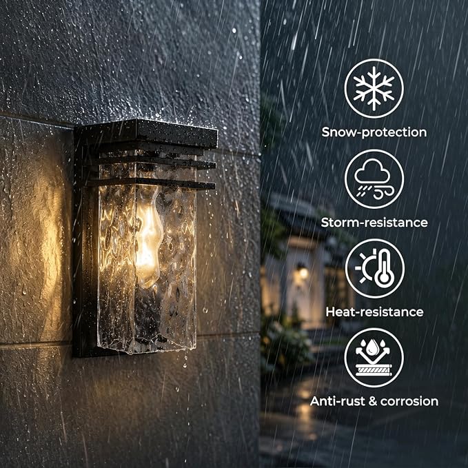 Modern Outdoor Wall Sconce Exterior Porch Light Fixture for House | 12 in. Black, Water Seeded Glass, Open Bottom, Waterproof Patio Lighting, 1 Pack