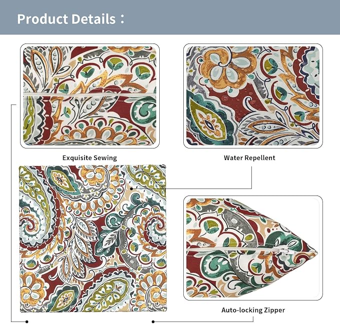 Outdoor Pillow Covers 16x16 Inch Set of 2 Waterproof Decorative Throw Pillow Covers Patio Pillow Cases for Patio Furniture Garden Couch Farmhouse,Paisley Chilli