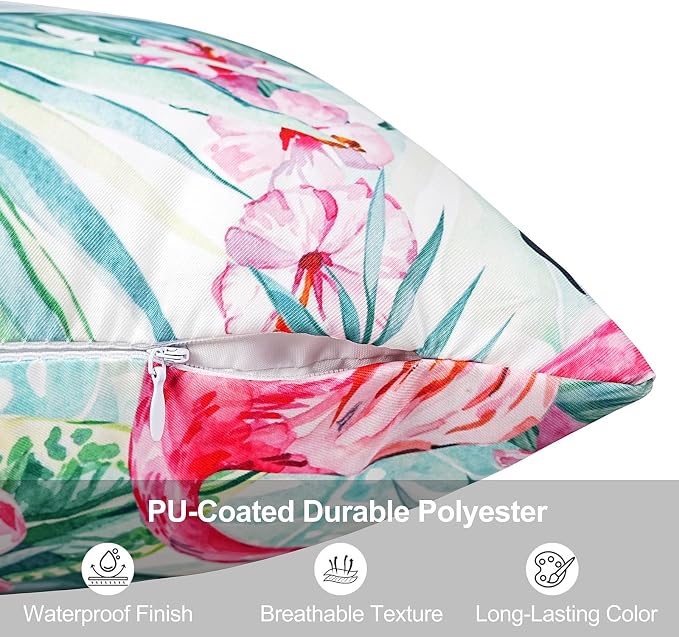 Pyonic Waterproof Outdoor Pillow Covers 18x18 inch Tropical Plant and Flamingo Throw Pillow Covers for Summer Patio Furniture Garden Porch Pool Decor