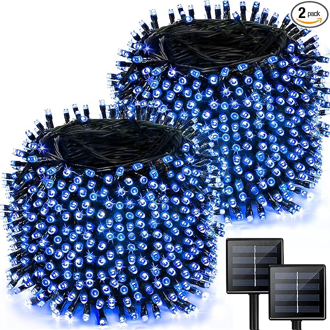 Solar String Lights Outdoor 2 Pack 170FT 480 LED Solar Christmas Light Blue | 8 Modes, Auto On/Off, Memory Function, Waterproof Solar Twinkle Lights for Outside Xmas Tree Garden Party Christmas Decor