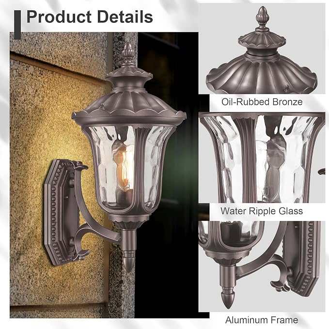 Outdoor Wall Light Fixtures Mount, Waterproof Exterior Wall Lanterns with Water Ripple Glass, Outside Sconces, Front Porch Lights for House Garage Doorway Patio, 22'' Large Oil-Rubbed Bronze