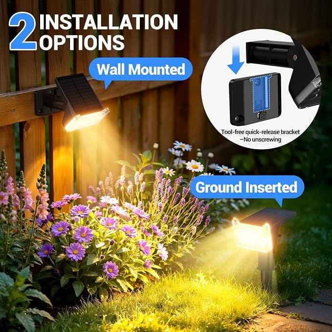Solar Spot Lights Outdoor Waterproof IP65, Super Bright LEDs with Lens, 2 Lighting Modes, 2 in 1 Auto On/Off Solar Powered Spotlights for Outside Landscape Holiday Decor, 6 Pack, Warm White