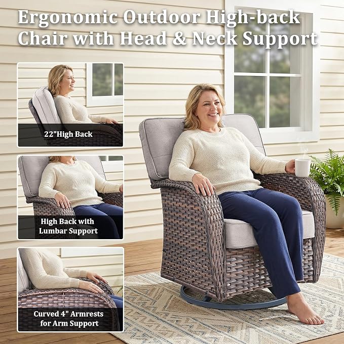 7 PCS Patio Furniture Set with Fire Pit Table, Outdoor Sectional Sofa Couch with Rocking Swivel Chairs 5" Deep Seat Chairs, Modern Wicker Rattan Conversation Set, Beige/Brown Wicker