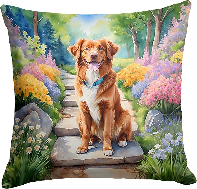 Caroline's Treasures Nova Scotia Duck Tolling Retriever Spring Path Throw Pillow Machine Washable, Indoor Outdoor Decorative Pillow for Couch, Bed or Patio, 14Hx14W