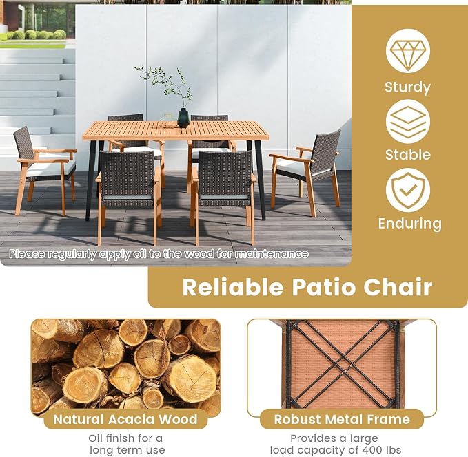 Tangkula 7 Pieces Patio Dining Table Set, Outdoor Rectangular Acacia Wood Table with 1.97” Umbrella Hole & 6 Cushioned Armchairs, for Garden, Deck, Yard