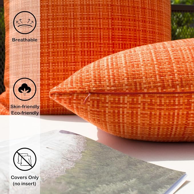 Kevin Textile Outdoor Waterproof 24x24 Inch Pillow Covers 2 Pack, Orange | Water Resistant, Faux Linen Yarn-dyed, Woven Texture Euro Throw Pillow Covers for Tent Patio Garden Couch Sofa