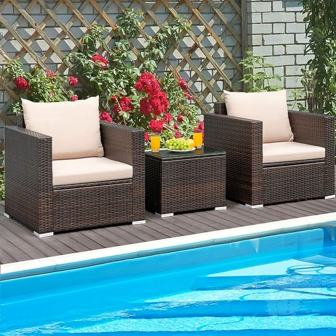 HAPPYGRILL 3PCS Patio Furniture Set with Coffee Table Outdoor Rattan Wicker Conversation Sofa Set with Washable Cushions for Garden Poolside