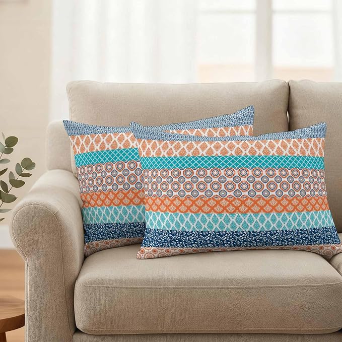 Geometric Bohemia Outdoor Pillow Covers Set of 2 Stripes Orange Turquoise and Blue Waterproof Throw Pillow Cover Decorative Cushion Cases for Patio Porch Garden 20X12 Inch