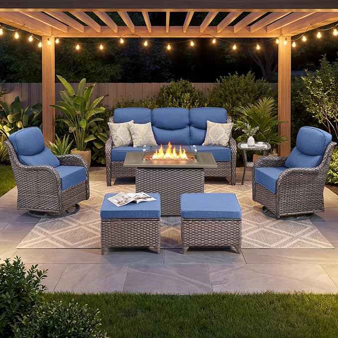 Luxury Patio Furniture Set with 6-inch Thick Cushion, Outdoor Furniture with Fire Pit Table, Swivel Chairs, Sofa, Side Table, Ottomans, 7pcs Wicker Conversation Set(Brown Wicker/Blue Cushion)