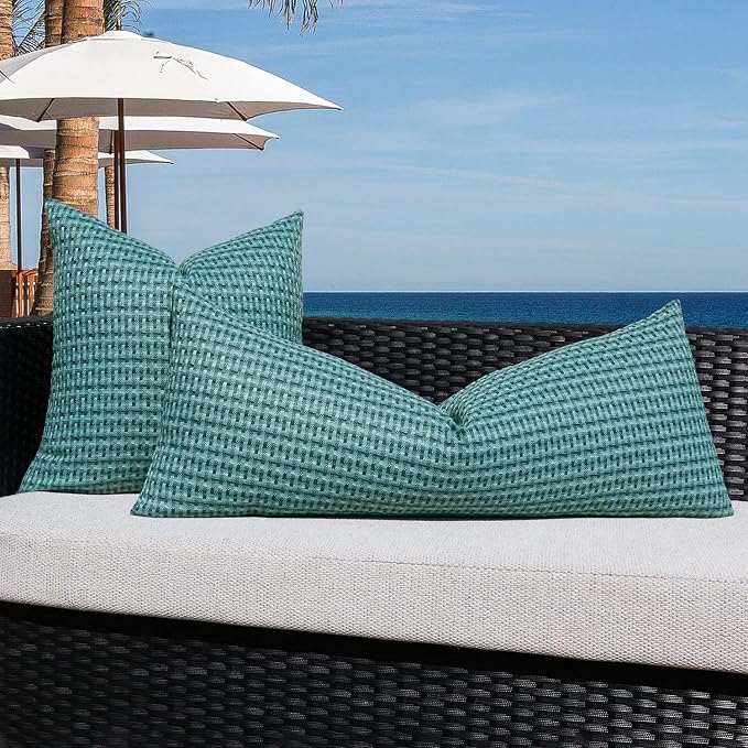 Kevin Textile Outdoor Waterproof 14"x36" Pillow Cover 1 Pack, Teal | Water Resistant Weaving Faux Linen Texture Throw Pillow Covers, Outside Decorative Pillowcases for Garden Patio Balcony Couch
