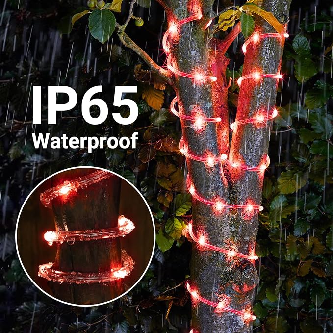 Jnaurb Solar Rope Lights, 2 Packs Total 132ft 400LED Solar String Lights, 8 Modes Waterproof Solar Outdoor Light, Flexible Clear Trampoline Light for Garden Backyard Patio Deck Pool Tree Decor - Red