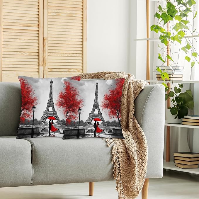 Swono Outdoor Pillow Covers Eiffel Tower, Paris Couple Maple Eiffel Tower Home Decorative Throw Pillow Case Cushion Cover for Men/Woman/Girls/Boys/Bed/Sofa/Office/Car, 18x18 Inch, 2Pcs Pillow Covers
