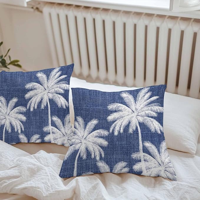 Outdoor Pillow Covers 24x24 Inch Set of 2, Indigo Blue Palm Trees Waterproof Throw Pillow Covers, Farmhouse Tropical Summer Beach Decorative Cushion Pillowcases for Couch, Sofa, Bed, Garden, Patio