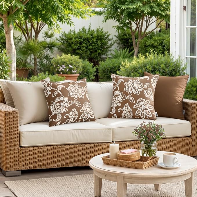 Decorative Outdoor Floral Pillow Covers Set of 2 18x18 Coffe Brown | Waterproof Boho Farmhouse,Decorative Throw Pillow Covers,Summer Coastal Accent Pillowcases,Patio Furniture Garden Sofa