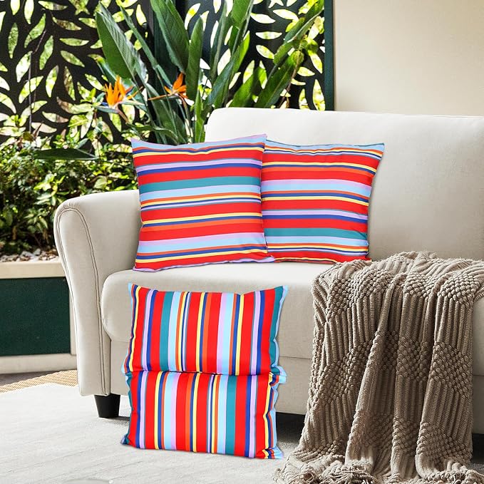 Eternal Beauty 18X18'' Set of 2 Outdoor Decorative Pillow Covers Waterproof Outdoor Pillow Covers for Spring Summer Patio Throw Pillows, Red Stripe, 18X18 inches