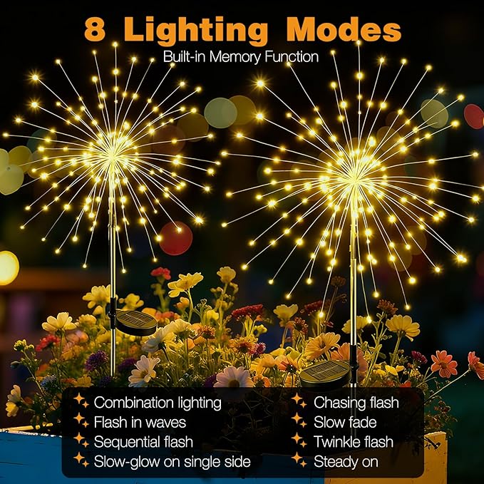 btfarm 1 Pack Solar Garden Lights Outdoor, 8 Modes Firework Lights Outside | 120LED, Waterproof Fairy Twinkle Light Solar Powered for Yard Christmas Pathway Lawn Pool Patio Decorative, Warm White