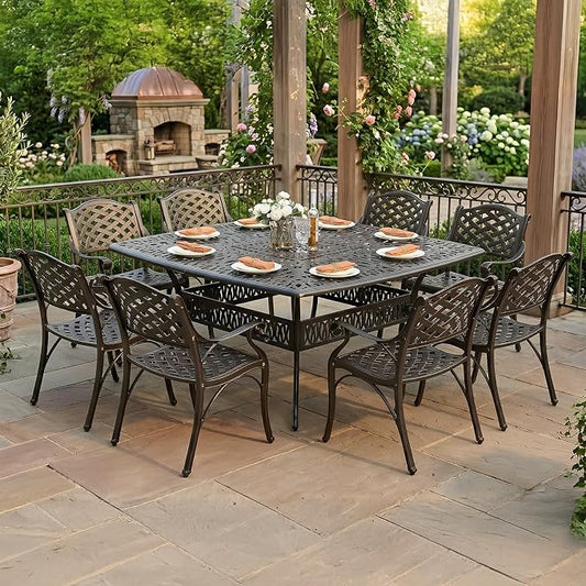 VIVIJASON 9-Piece Outdoor Dining Set, Cast Aluminum Retro Patio Furniture Table and Chairs Set for 8, Include Large 64" Square Dining Table and 8 Chairs with Umbrella Hole for Deck Porch