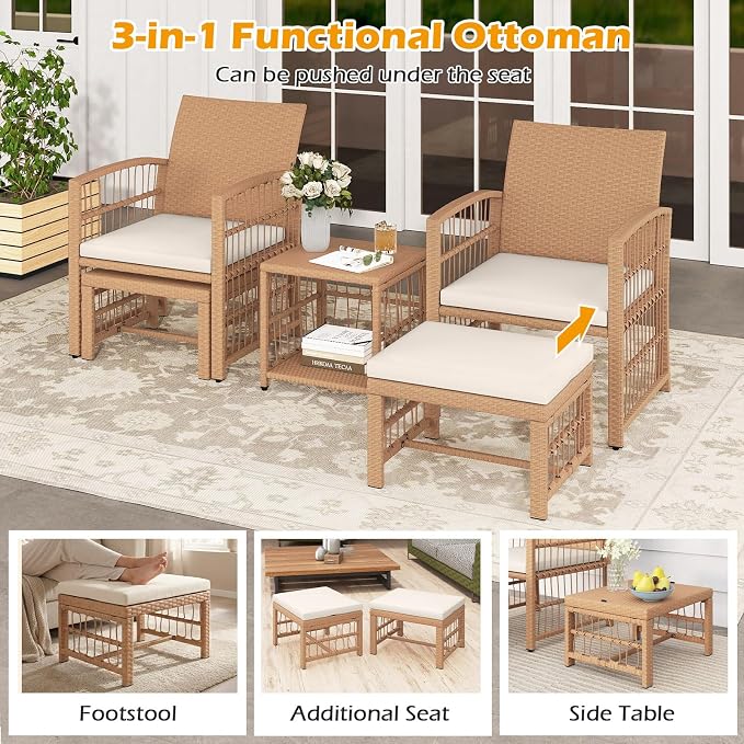 HAPPYGRILL 5 Pieces Patio Conversation Set PE Rattan Balcony Furniture Set with 2 Armchairs, 2 Ottomans & 2-Tier Side Table, Outdoor Wicker Chair Set with Cushions