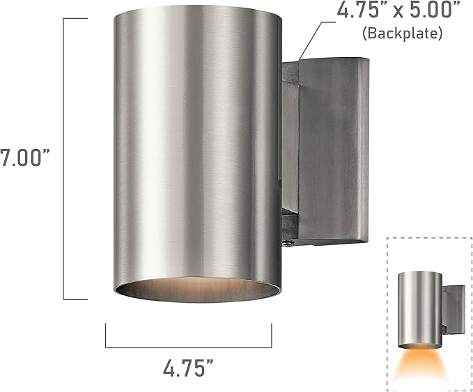 Kichler 9234BA Outdoor Cylinder Wall Mount Sconce DownLight, Brushed Aluminum 1-Light (5" W x 7" H) 65 Watts