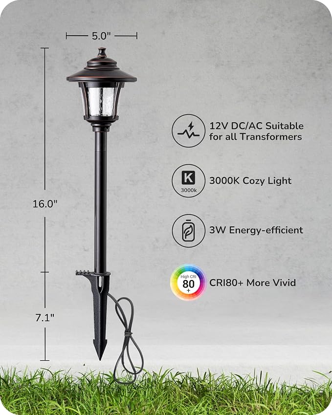 EDISHINE Low Voltage Landscape Lighting 12V 3W 120LM with Connectors 6 Pack | Seed Glass, 3000K Warm White, ORB Waterproof Electric LED Landscape Path Lights for Walkway Garden Yard