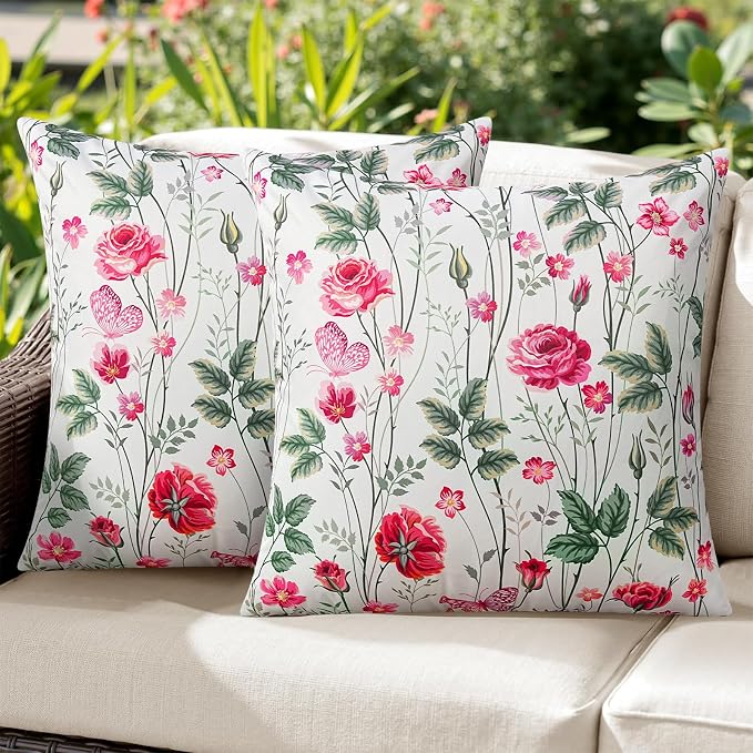 Merrycolor Waterproof Floral Pillow Covers 18x18 Inch Set of 2 Summer Accent Cushions Outdoor Decorative Square Couch Cushion Cases for Patio Garden Beach Sofa,Green-Red